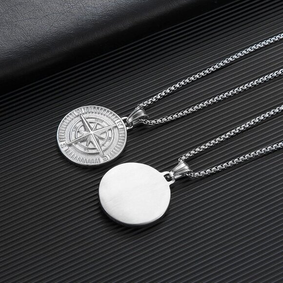 Personalized Mens Stainless Steel Detailed Compass  💫Azfvbql Men\'s Black Compass Pendant Necklace Stainless Steel Navigator Jewelry